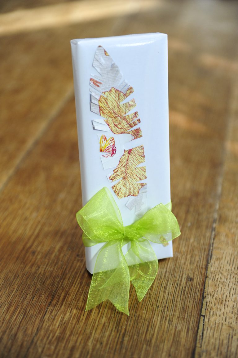 Pacchetto regalo decorato con piuma di carta